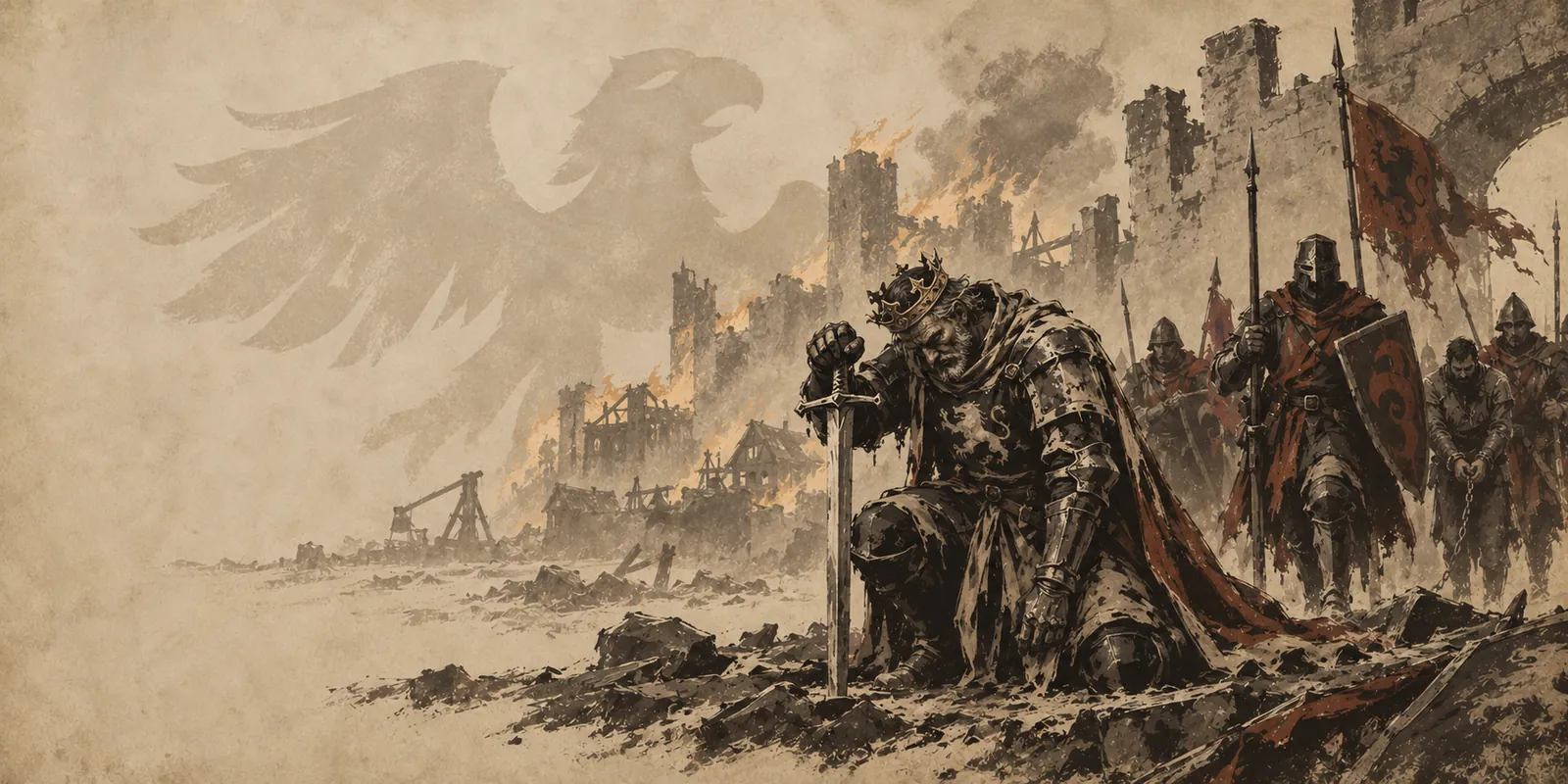 Feydrid Kearn kneels in defeat on a burning battlefield, leaning on his sword; Mason soldiers lead a chained prisoner past him.