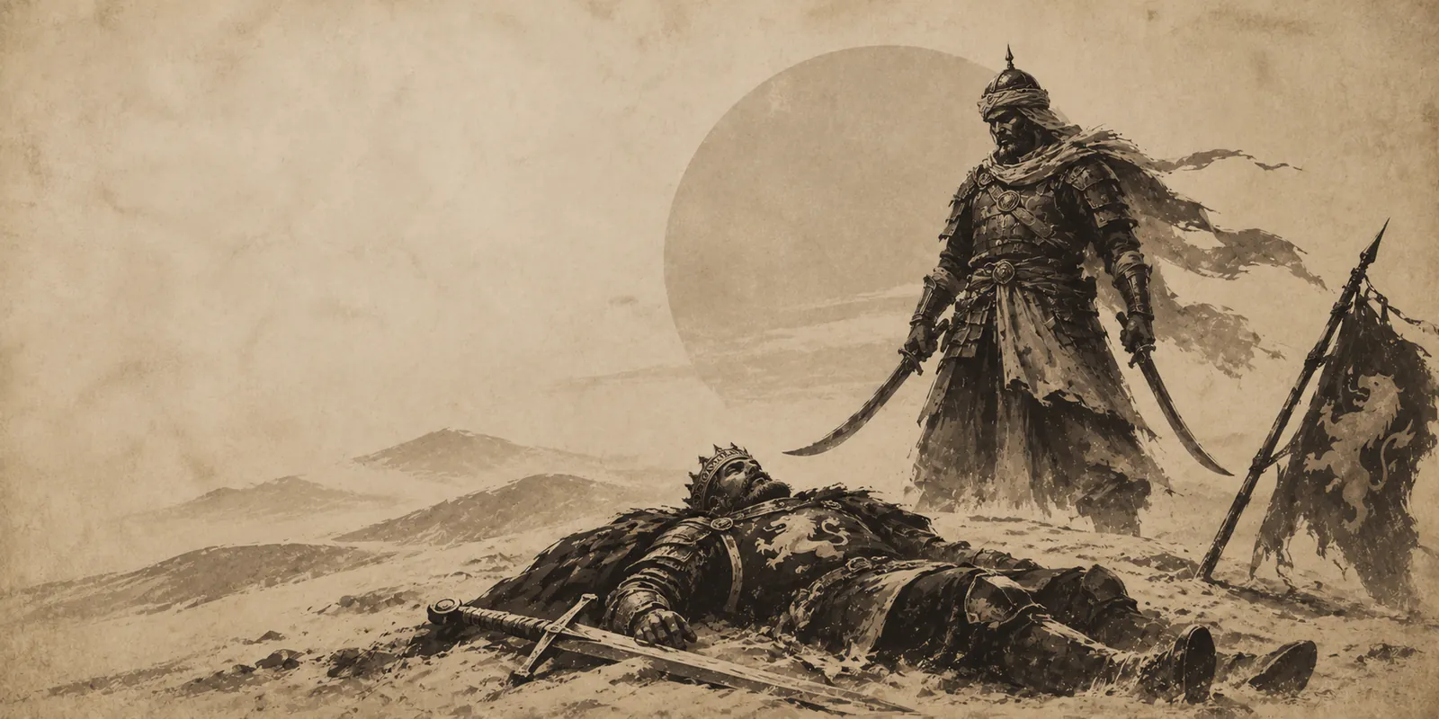 King Argon I lies dead in the desert sand beside his sword and torn banner; a Tenosian warrior with two curved blades stands over him.