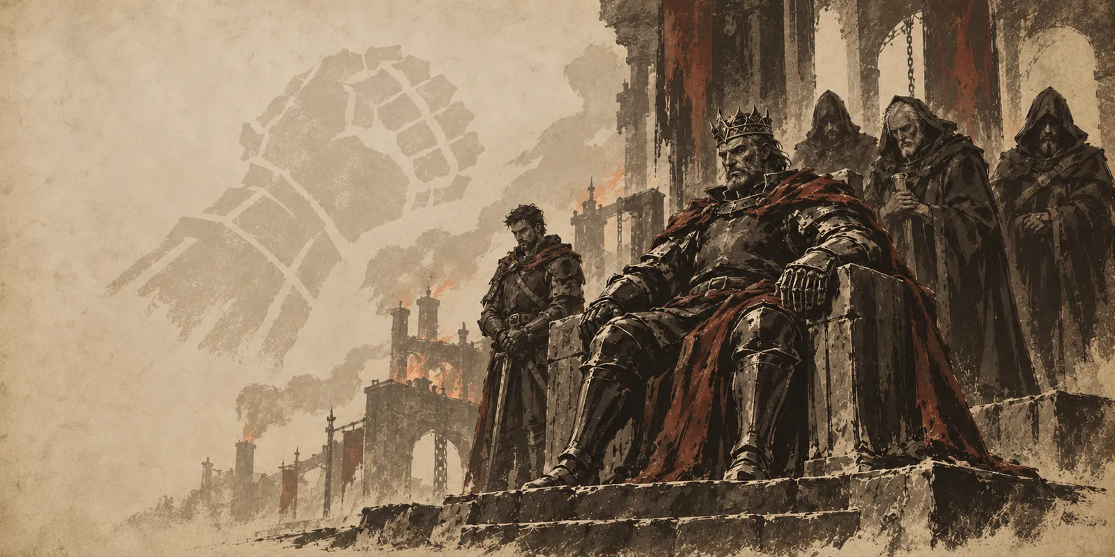 King Malric sits on a harsh stone throne in a smoky citadel, hooded councillors behind him and his son Valen at his side.
