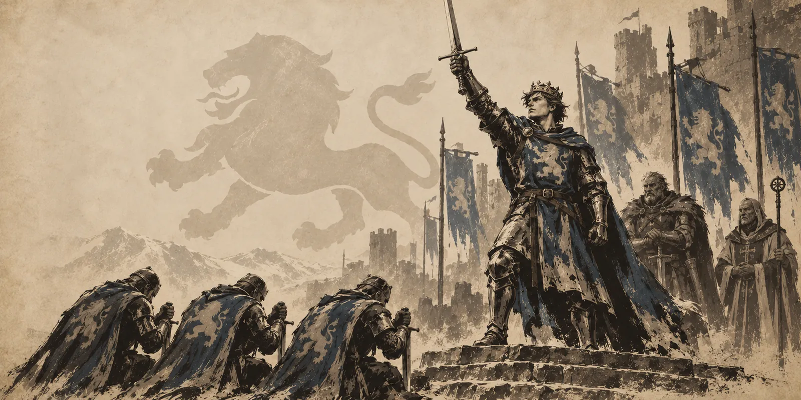 Young King Argon II raises his sword before kneeling knights under blue banners, with his mentor and a priest behind him.