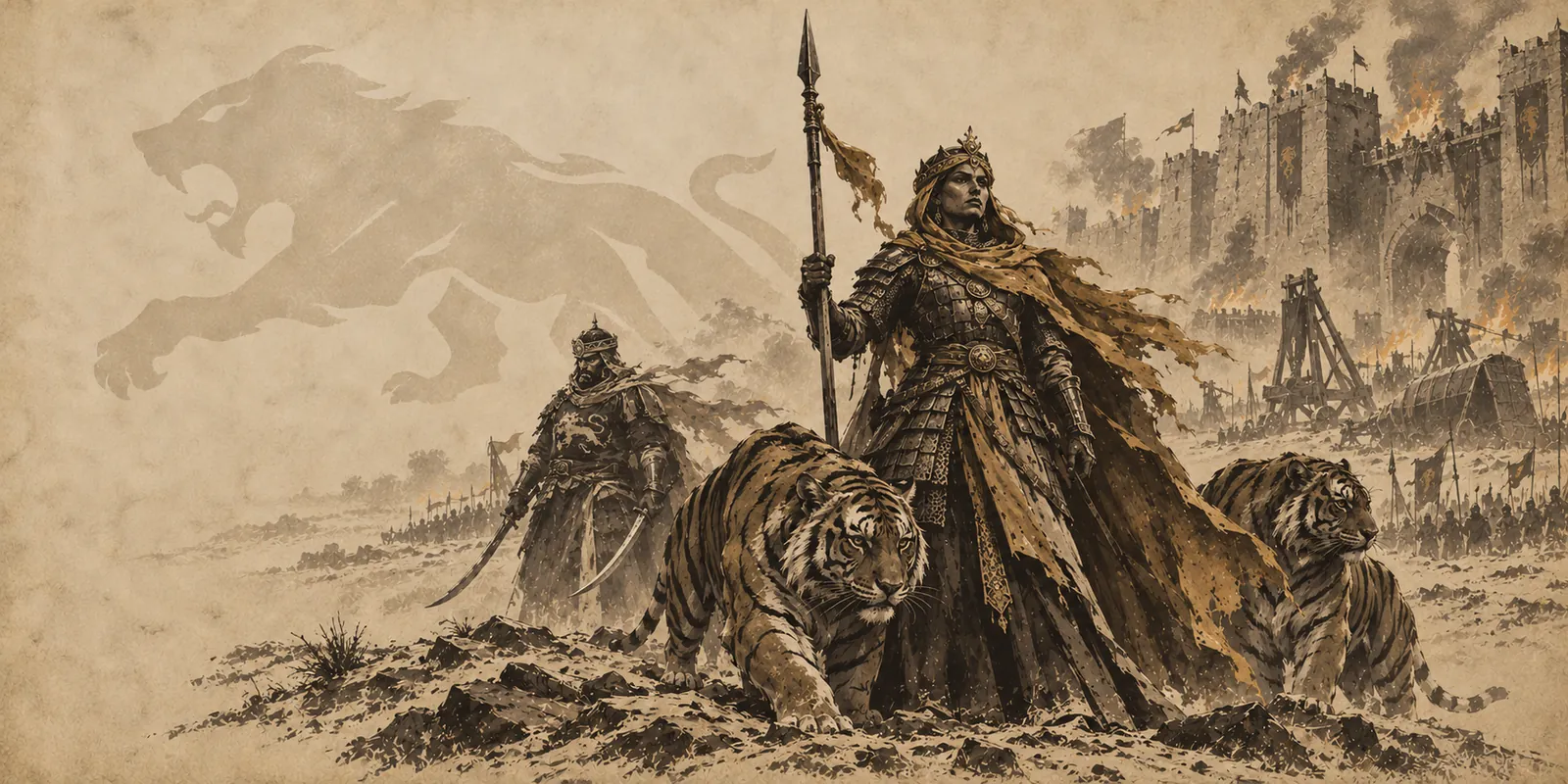 Myah Vane stands with a spear between two tigers, Tahar Rahman behind her, as her army besieges a burning fortress wall.