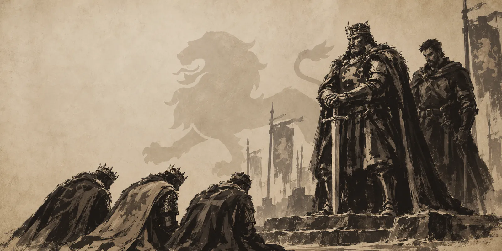King Argon I stands crowned on stone steps, hands on his sword, while three kings kneel before him; Malric waits behind him.