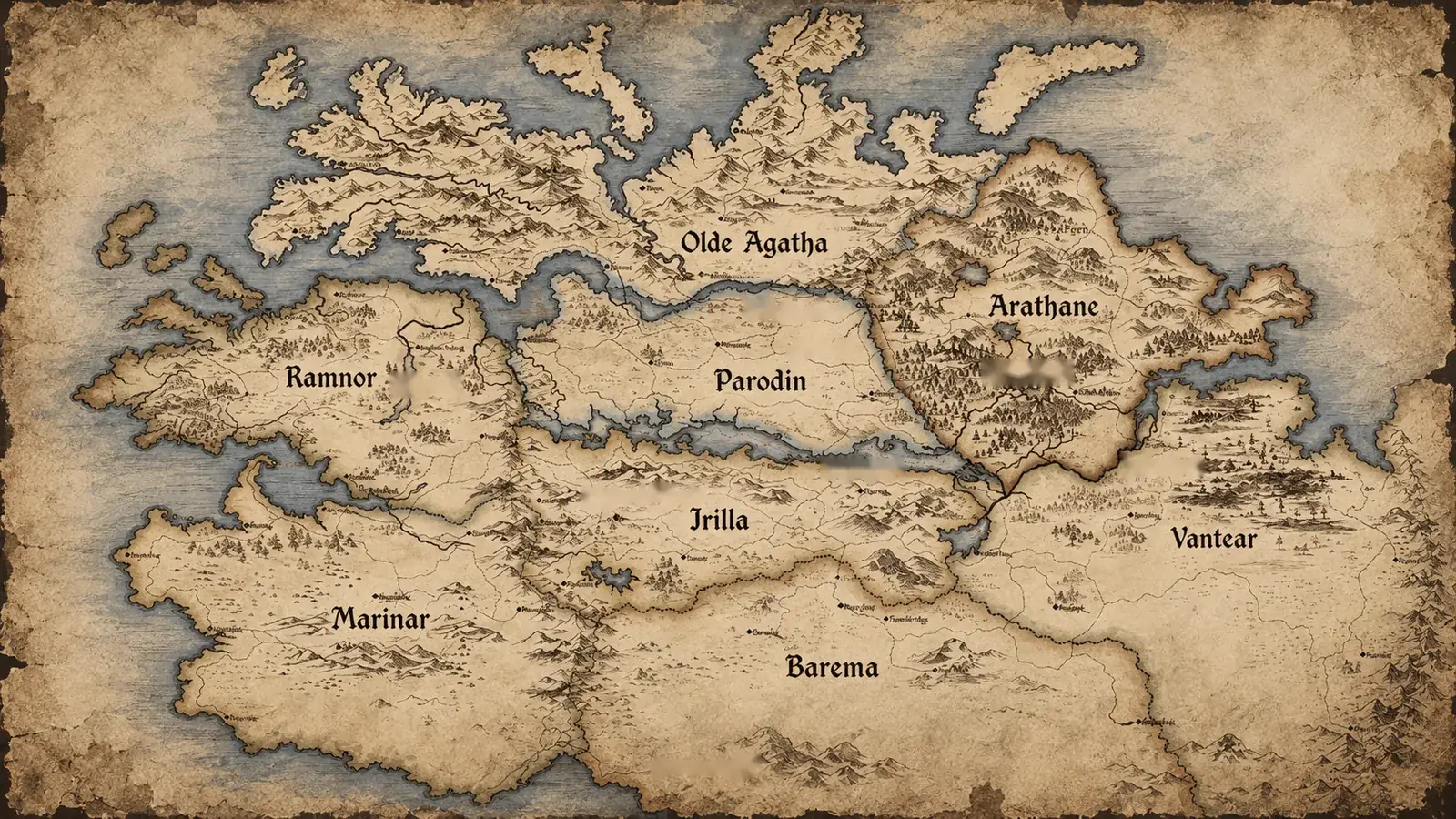 Hand-drawn map of the realm with its eight regions and the battle sites